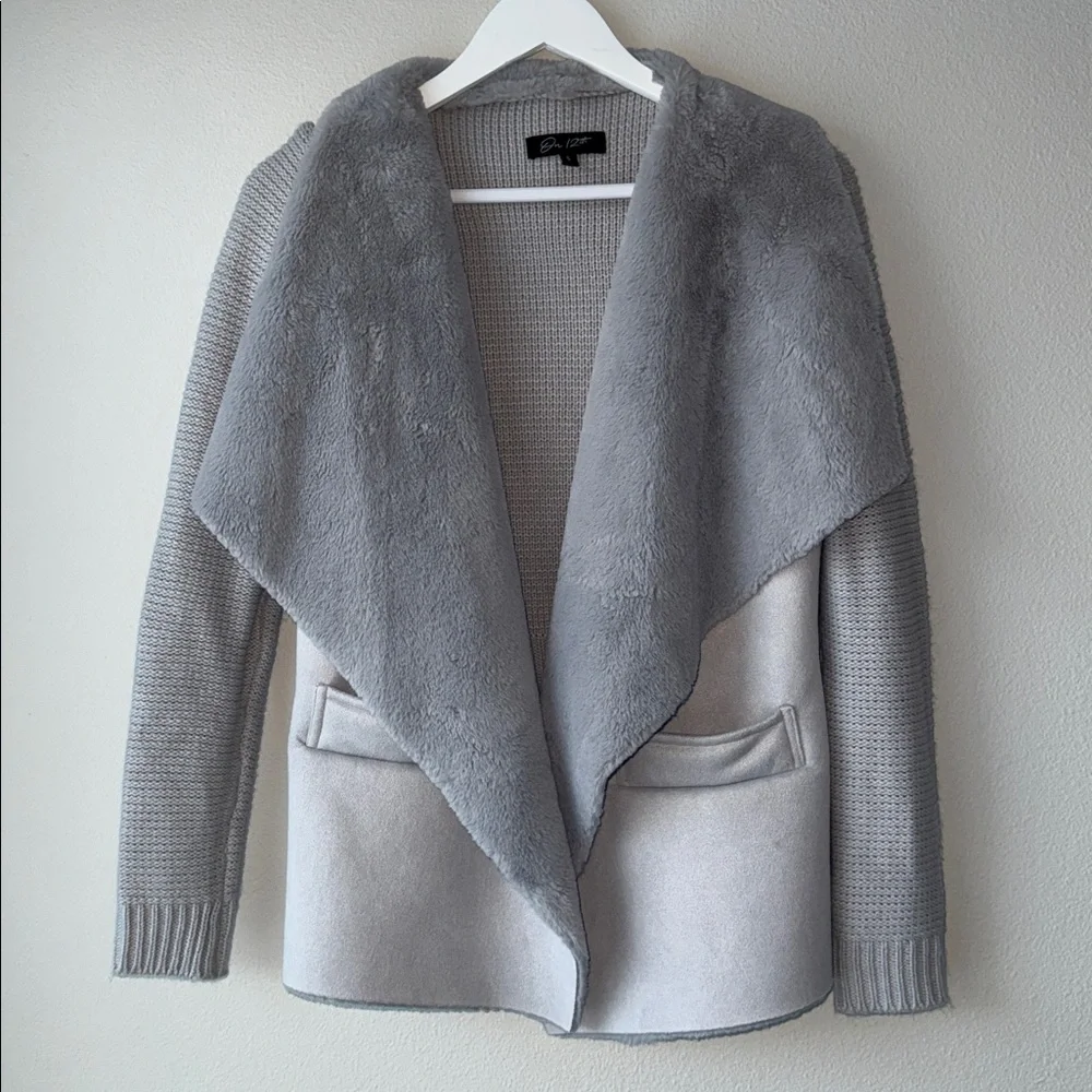 ON 12TH Luxe Sherpa Suede Gray Chunky Knit Sweater Jacket with Pockets SMALL - Picture 6 of 10